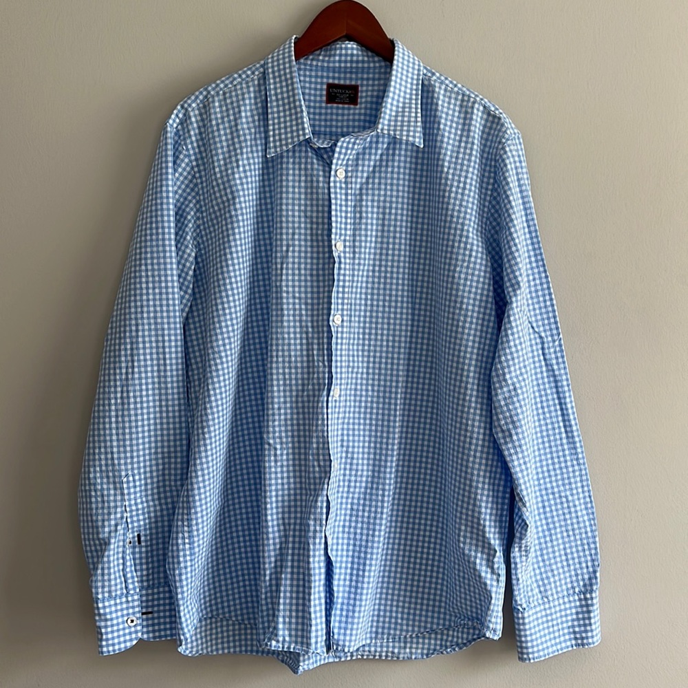 UNTUCKit Mens Blue White Gingham Button Up Collard Shirt XXL